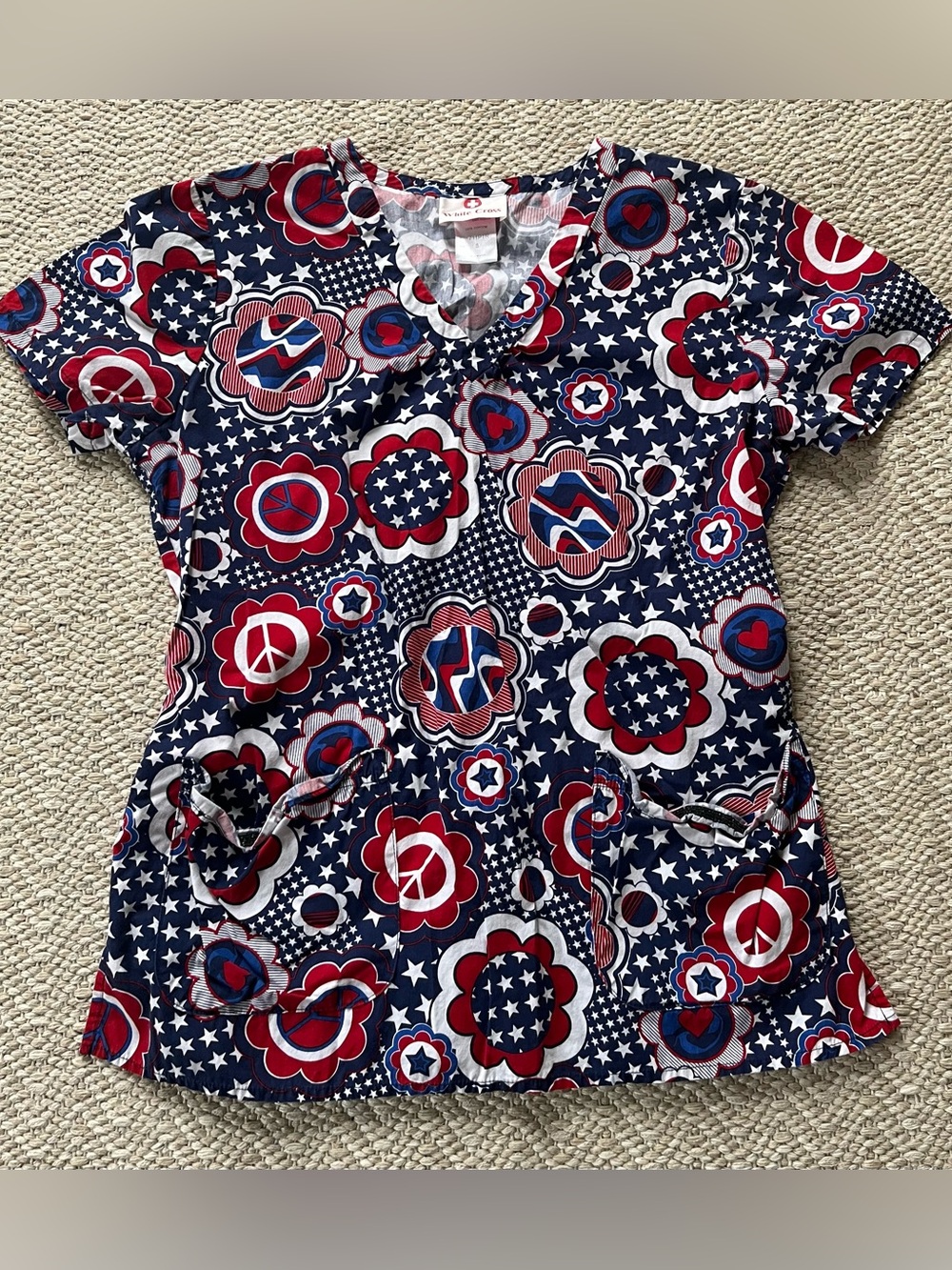 Women’s Small White Cross Patriotic Print Scrub Top